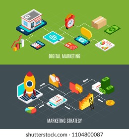 Isometric horizontal banners set with flowcharts presenting stages of digital marketing strategy 3d isolated vector illustration