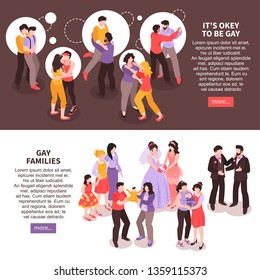 Isometric horizontal banners set with happy lgbt couples and families 3d isolated vector illustration
