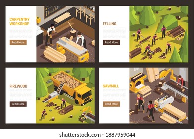 Isometric horizontal banners set with lumberjacks working in forest carpentry workshop sawmill 3d isolated vector illustration