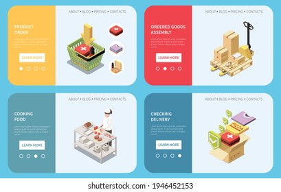 Isometric horizontal banners set with product order its assembly checking delivery and character cooking food 3d isolated vector illustration