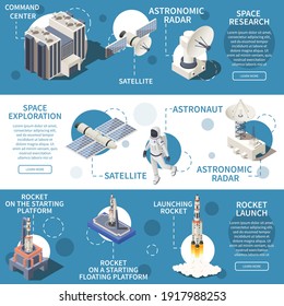 Isometric horizontal banners set with space research exploration equipment and transport 3d isolated vector illustration