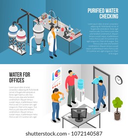 Isometric horizontal banners set with water purification process and delivering bottles in office 3d isolated vector illustration