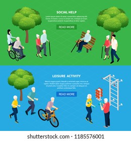 Isometric horizontal banners social help for elderly persons and leisure activity of pensioners isolated vector illustration