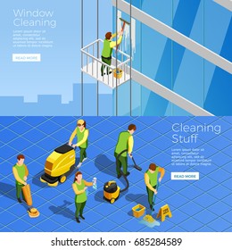 Isometric horizontal banners with stuff of industrial alpinism company cleaning skyscraper windows and office cleaners with vacuum vector illustration