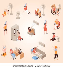 Isometric horizontal flowchart with suffering overheated people handling with hot weather 3d illustration