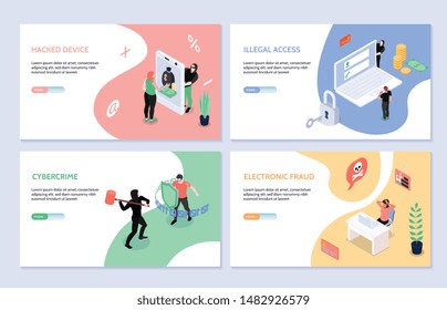 Isometric horizontal set of four cyber security  and hacker attacks banners 3d isolated vector illustration