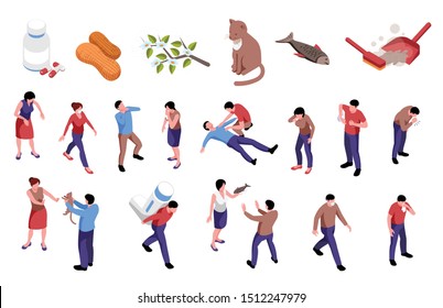 Isometric horizontal set of icons with different allergens and people having allergy symptoms 3d isolated on white background vector illustration