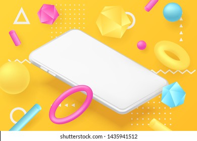 Isometric horizontal smartphone mockup, memphis style poster, banner design template. Vector realistic 3d illustration of white mobile phone, abstract geometric shapes on yellow background.
