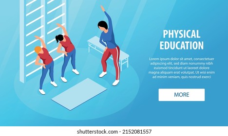 Isometric horizontal web banner with female teachers and two students doing exercises in physical education lesson 3d vector illustration