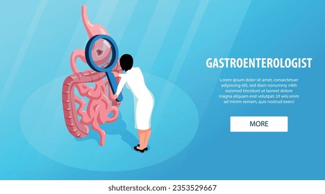 Isometric horizontal website banner with female gastroenterologist examining unhealthy stomach with magnifier vector illustration