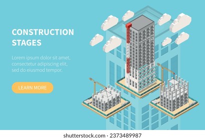 Isometric horizontal website banner with skyscraper construction stages and learn more button vector illustration