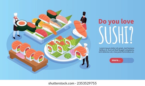 Isometric horizontal website blue background banner with sushi and maki served on trays and plate 3d vector illustration