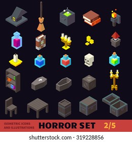 Isometric horror flat vector icon set: hat, potion, broom, coffin, candle, books, chair, table, candlestick. For halloween, horror games and cartoons.