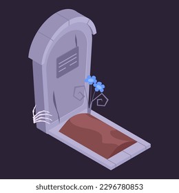 Isometric horror tombstone grave. Monster skeleton arm, spooky zombie hand on stone monument, scary holiday 3d vector illustration