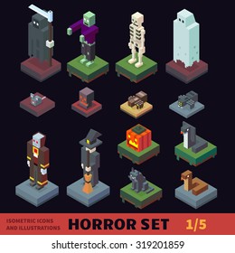 Isometric horror vector flat illustration set. Halloween. Characters and animals: witch, skull, vampire, zombie, skeleton, wraith, ghost, pumpkin, black cat, cobra, viper, death.