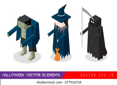 Isometric horror vector flat illustration set. Halloween. Characters : witch, vampire, zombie, ghost, death.