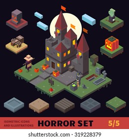 Isometric horror vector flat tiles and objects compilation. 
Creepy castle, graveyard, pumpkin field, scarecrow.witch, spider, skull, zombie hand. For halloween, horror games and cartoons.