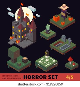 Isometric horror vector flat tiles and objects set. 
Buildings and places: creepy castle, graveyard, pumpkin field, scarecrow. For halloween, horror games and cartoons.