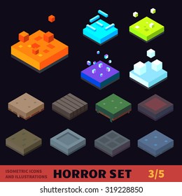 Isometric Horror Vector Tile Set. Tiles: Fire, Flame, Ice, Snow, Grass, Boardwalk, Graveyard, Lava, Concrete, Sand. For Halloween, Horror Games And Cartoons.