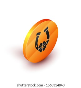 Isometric Horseshoe with four leaf clover icon isolated on white background. Happy Saint Patricks day. Orange circle button. Vector Illustration
