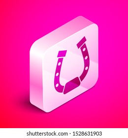 Isometric Horseshoe icon isolated on pink background. Silver square button. Vector Illustration