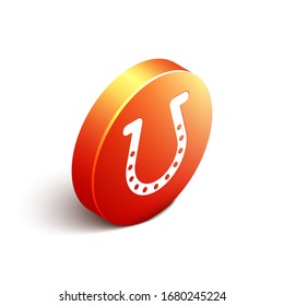 Isometric Horseshoe icon isolated on white background. Orange circle button. Vector Illustration