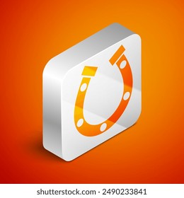 Isometric Horseshoe icon isolated on orange background. Silver square button. Vector