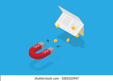 isometric horseshoe magnet attracting coins from account passbook, tax and business concept