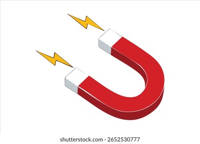 Isometric Horseshoe Magnet with Magnetic Field Lines on a White Background