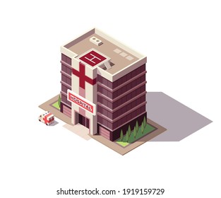 Isometric Hospital Or Ambulance Building Mockup With Signage, Helicopter Pad And Transportation Or Ambulance Van For First Aid. Vector Flat Isolated Infographic City Element