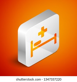 Isometric Hospital Bed with Medical symbol of the Emergency - Star of Life icon isolated on orange background. Silver square button. Vector Illustration