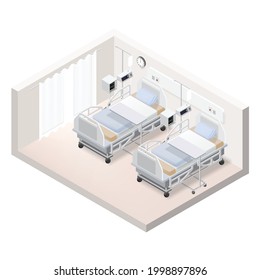 Isometric hospital bed that are ready to treat infected people with heart rate monitor and high flow oxygen machine Supporting patients from epidemic of COVID-19 or corona virus on white background