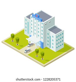 Isometric hospital building and ambulance cars vector illustration