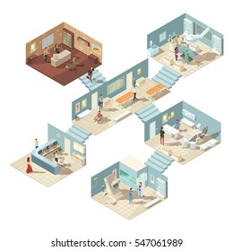 Isometric hospital building concept with doctors patients and equipment on white background vector illustration