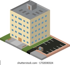 Isometric Hospital Building On A Platform With A Parking Lot