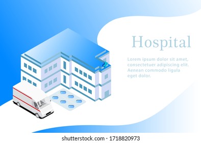 Isometric hospital and car, medical