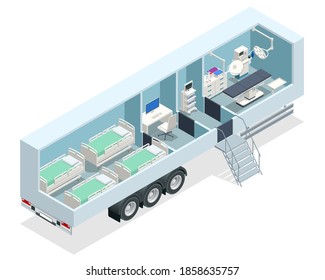 Isometric Hospital In The Car. Mobile Hospital With Medical Beds, Laboratory And Operating Room.