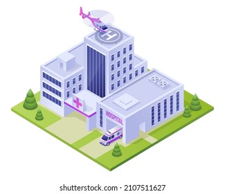 Isometric hospital clinic building with ambulance car, helicopter on roof and green bushes. Medicine, city infirmary health care infrastructure, medic office 3d vector illustration, low poly map icon