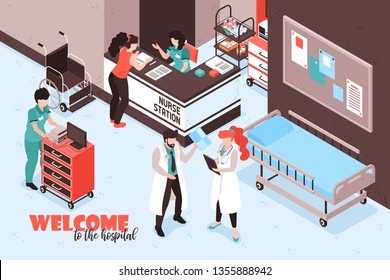 Isometric Hospital Composition With Text And View Of Nurse Station Reception Desk With People And Furniture Vector Illustration