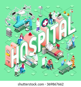 Isometric Hospital Healthcare Treatment Infographic. Doctor Medical Department Concept 3D Flat Isometric People Health Care Clinic Nurse Doctor Hospital Assistance Medical Vector Medicine Illustration