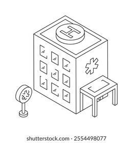 Isometric hospital icon representing healthcare facilities