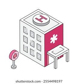 Isometric hospital icon representing healthcare facilities