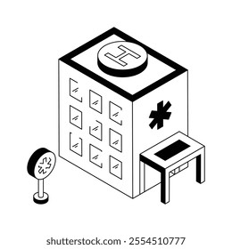 Isometric hospital icon representing healthcare facilities