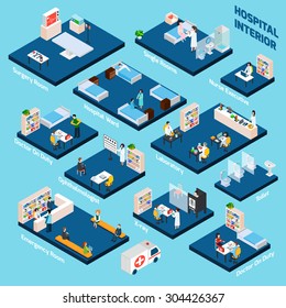 Isometric hospital interior with 3d health care personnel isometric vector illustration