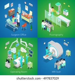 Isometric Hospital Interior. Medical MRI Scan, Operating Room With Doctors, Fluorography Process, Surgeon Office. Vector 3d Flat Illustration