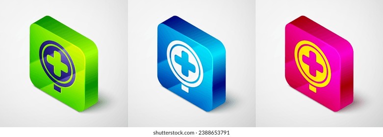 Isometric Hospital road traffic icon isolated on grey background. Traffic rules and safe driving. Square button. Vector