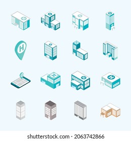 isometric hospital and set icons