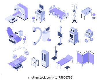 Isometric Hospital Tools. Medical Diagnostic Equipment, Healthcare Monitoring And Health Care Diagnostics Technology. Operating Table Or Surgery Tools. Isolated 3d Vector Icons Set