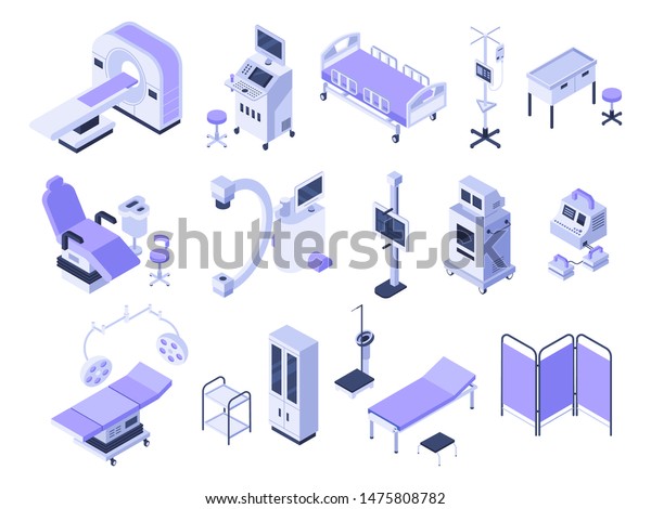 Isometric hospital\
tools. Medical diagnostic equipment, healthcare monitoring and\
health care diagnostics technology. Operating table or surgery\
tools. Isolated 3d vector icons\
set