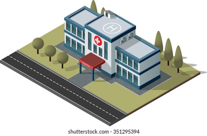 Isometric Hospital Vector With Yard Road Threes And Shadows